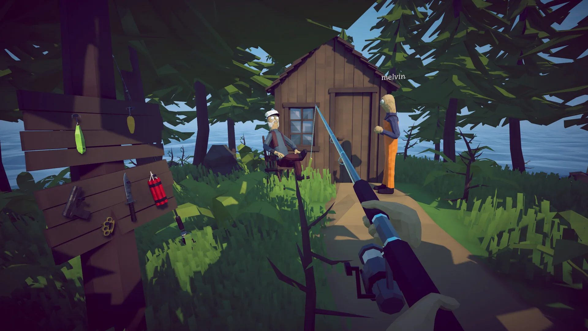 A player holds a fishing rod near the island weapon display in How to Fish
