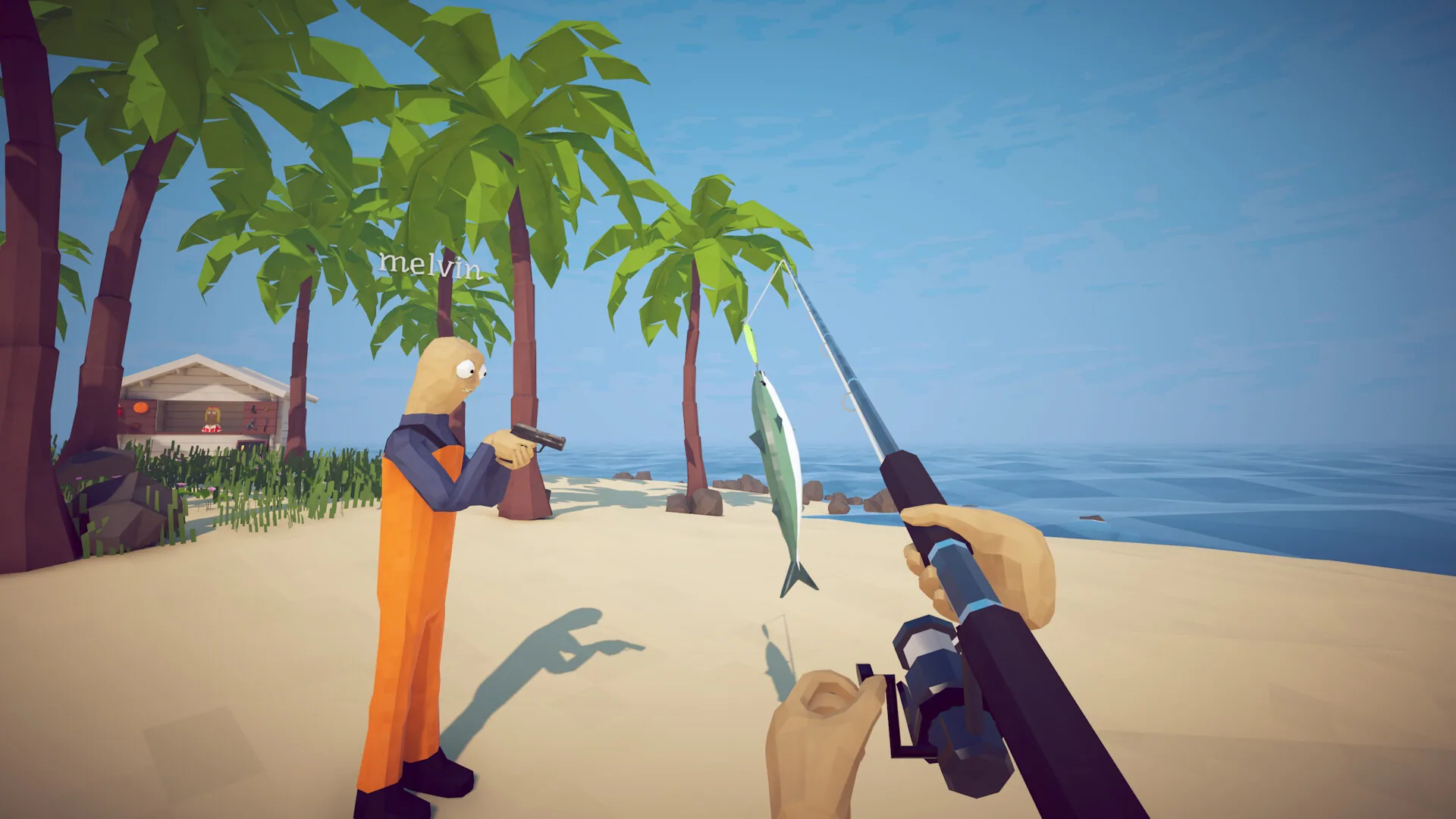 A player catches a fish while a co-op partner aims a pistol