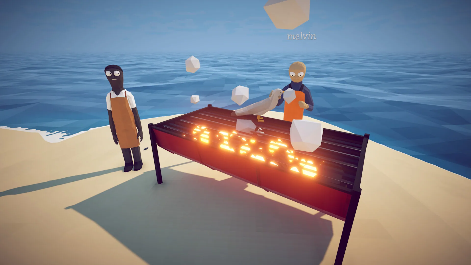 Players grilling a creature on an island in How to Fish