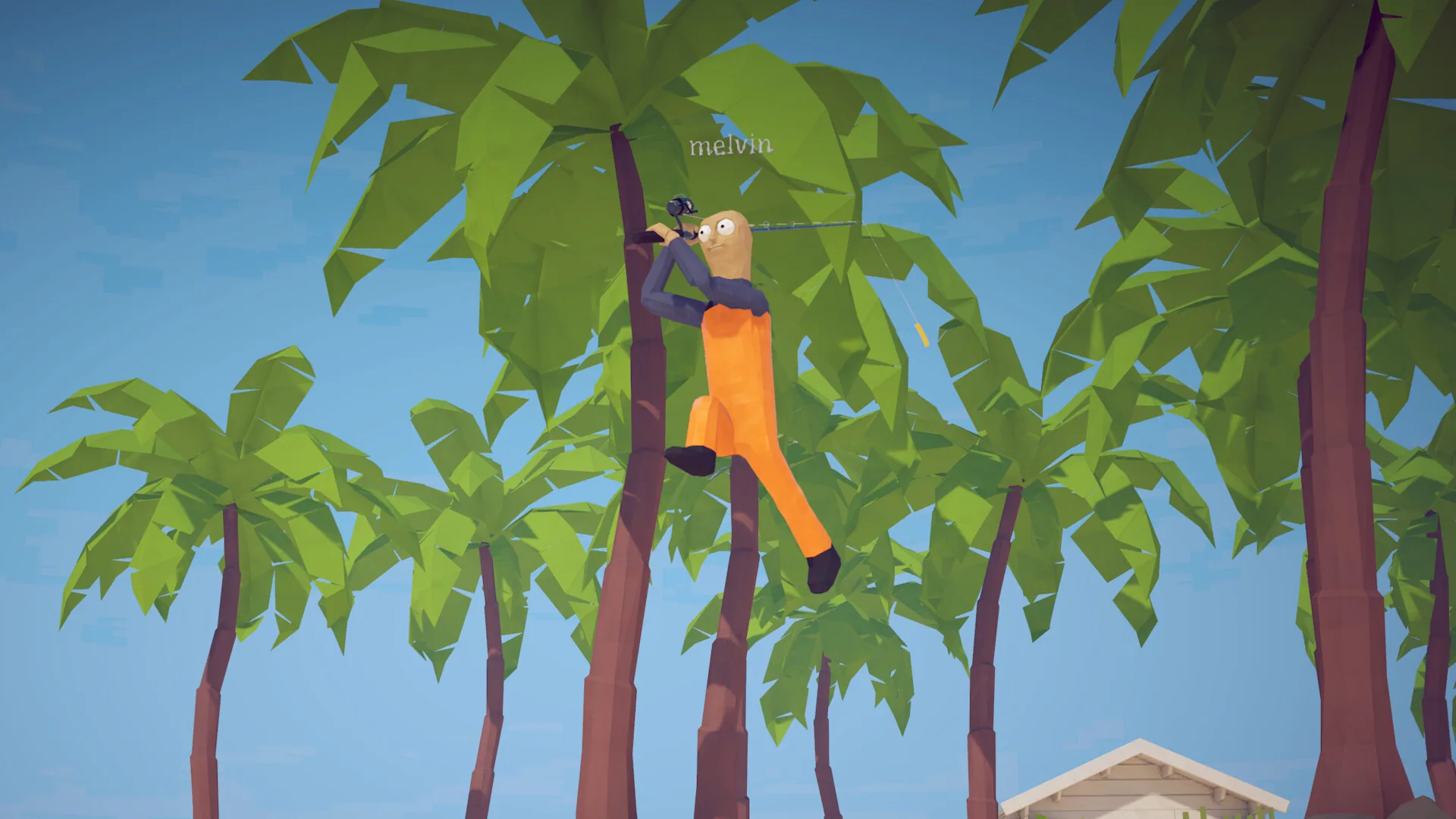 A How to Fish player hanging from a palm tree with a fishing rod