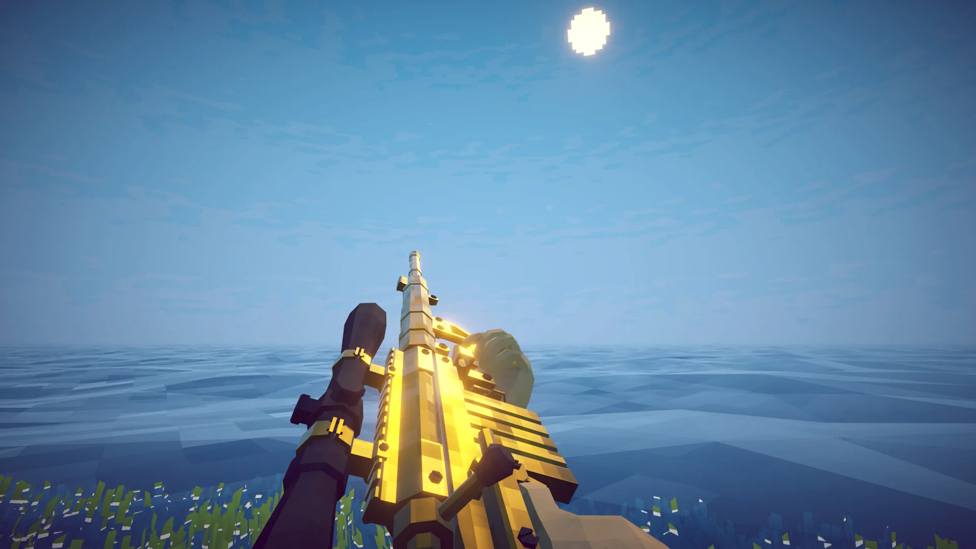 A How to Fish player holds a gold upgraded weapon